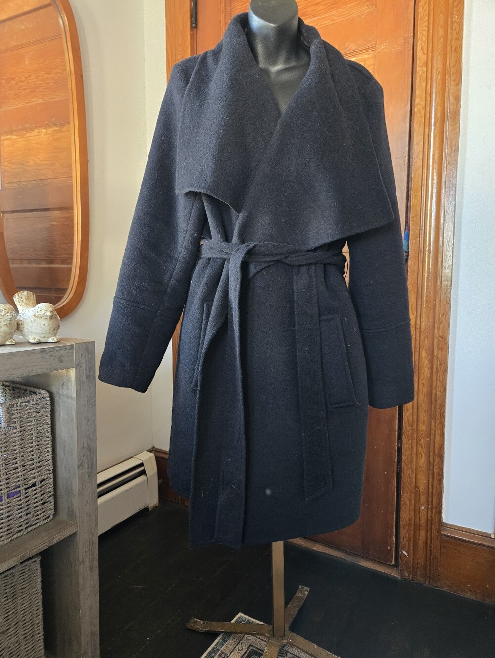 Lands' End Navy/ Black Wool-Blend Belted Shawl/ Wrap Coat US 18